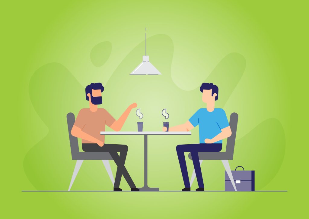 Human connection comes from trust: two characters are seated at a table, enjoying coffee together.
