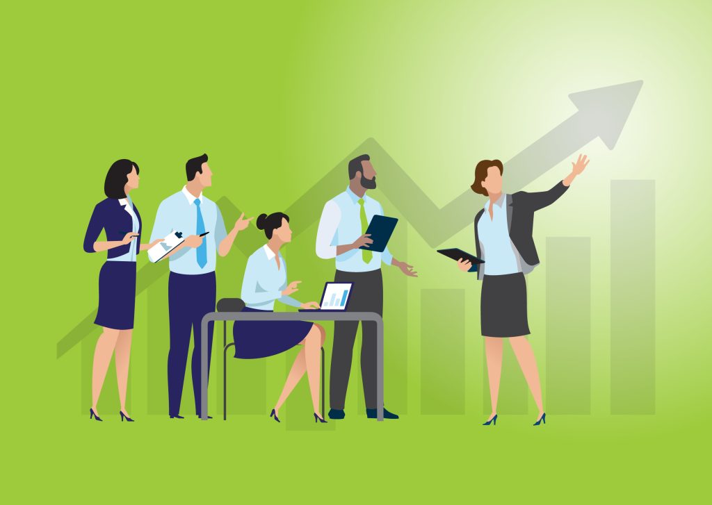 A team of characters envision an upward trajectory for their team.