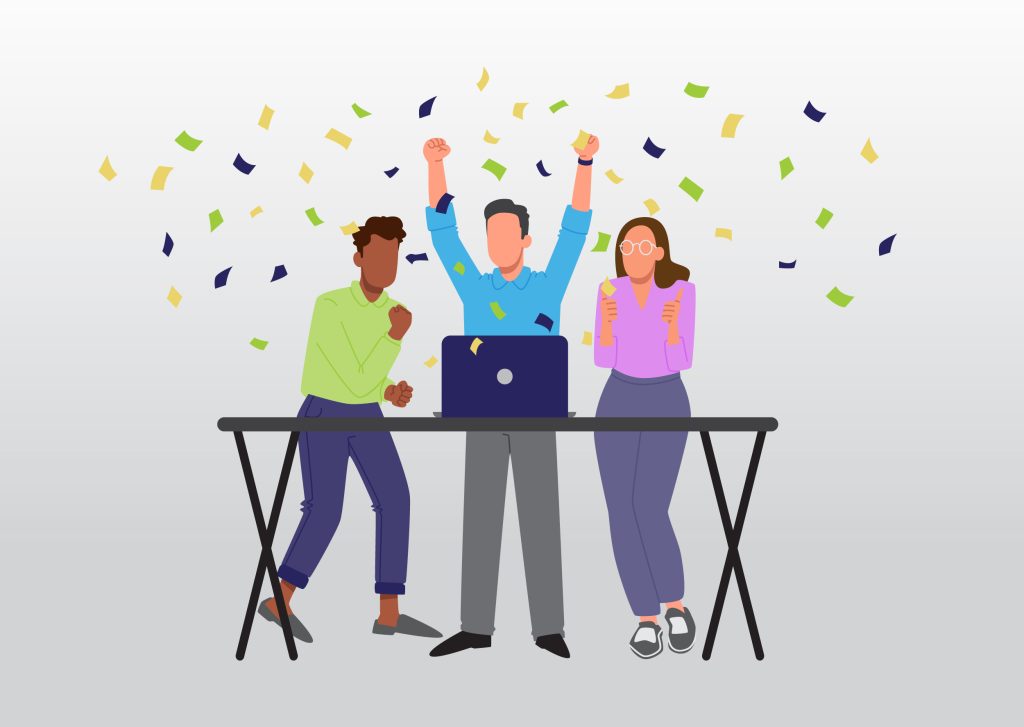 A team celebrates an exciting win. There's confetti streaming down on them.