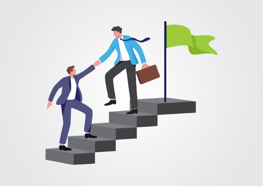 Cartoon image of a person at the top of stairs reaching down and pulling up the next person behind him. This demonstrates connection and psychological safety.